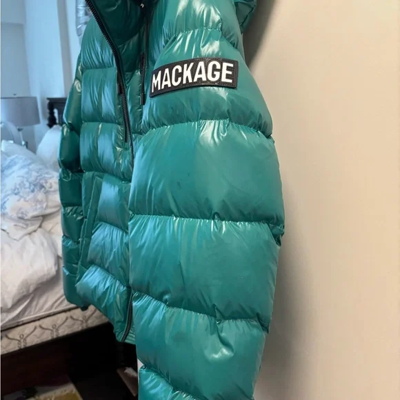 Mackage Teal Shiny Quilted Puffer with Neon Yellow Lining - Picture 2 of 6